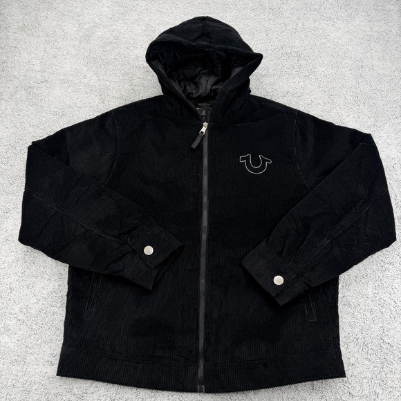 True Religion Jacket Mens Medium Jet Black Vintage Corduroy Full Zip Hood Bomber